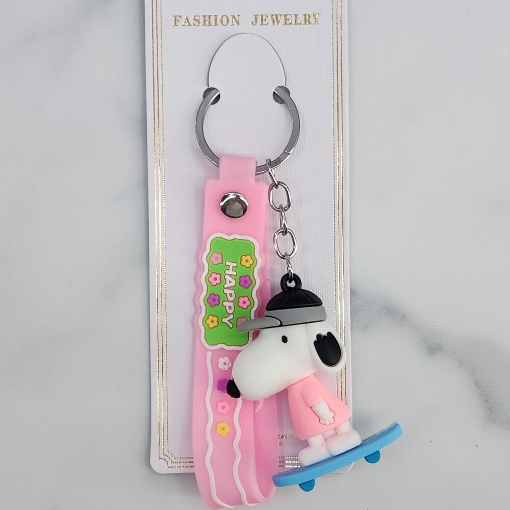 Peanuts Cartoon Skateboarding Snoopy 3D Figure Keychain, Strap Bag Charm Pink